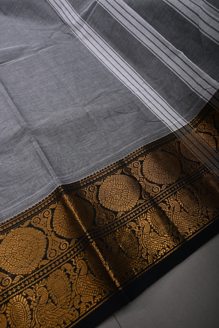 Gray Kanchi Cotton Saree with Contrast Zari Borders | SHOBITAM