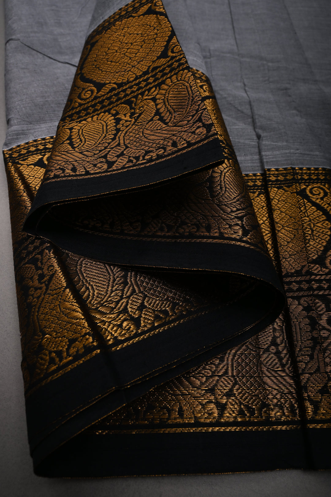 Gray Kanchi Cotton Saree with Contrast Zari Borders | SHOBITAM