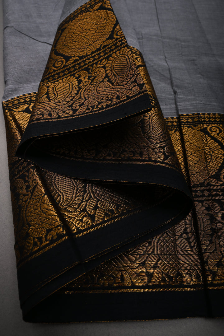 Gray Kanchi Cotton Saree with Contrast Zari Borders | SHOBITAM