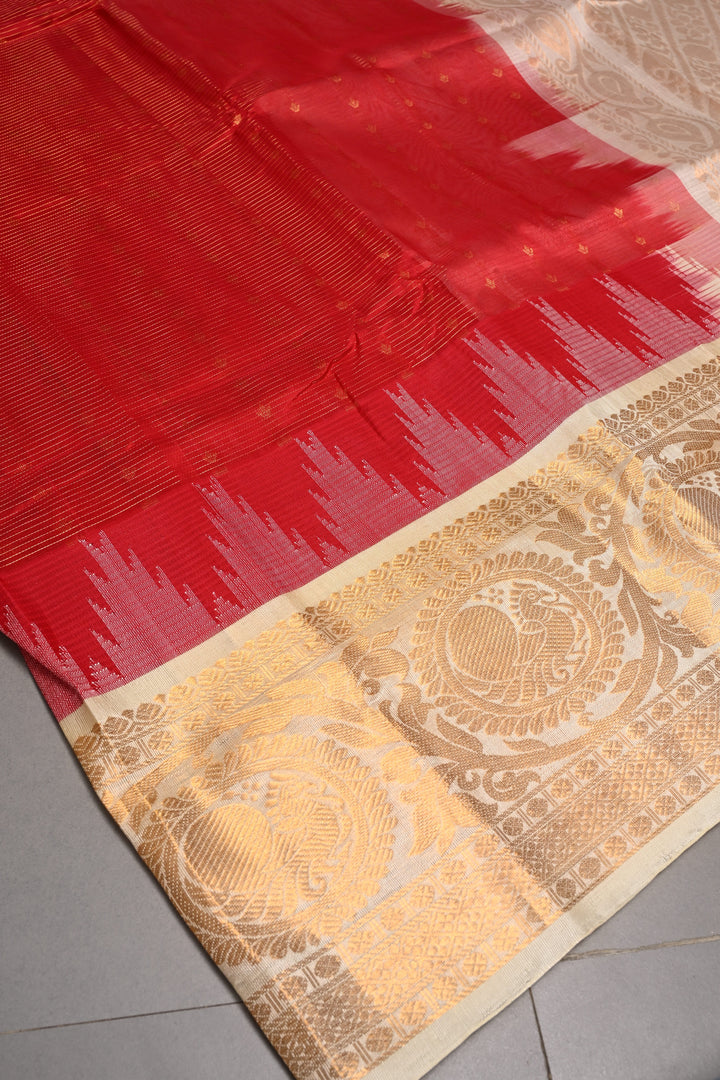 Red Vairaoosi Zari Stripes Kanchi Silk Cotton Handloom Saree with Zari Butta  and Zari Border | SHOBITAM
