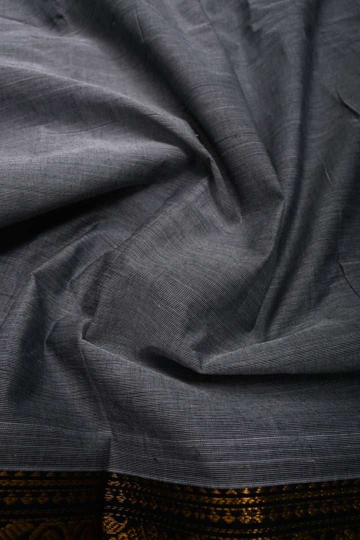 Gray Kanchi Cotton Saree with Contrast Zari Borders | SHOBITAM