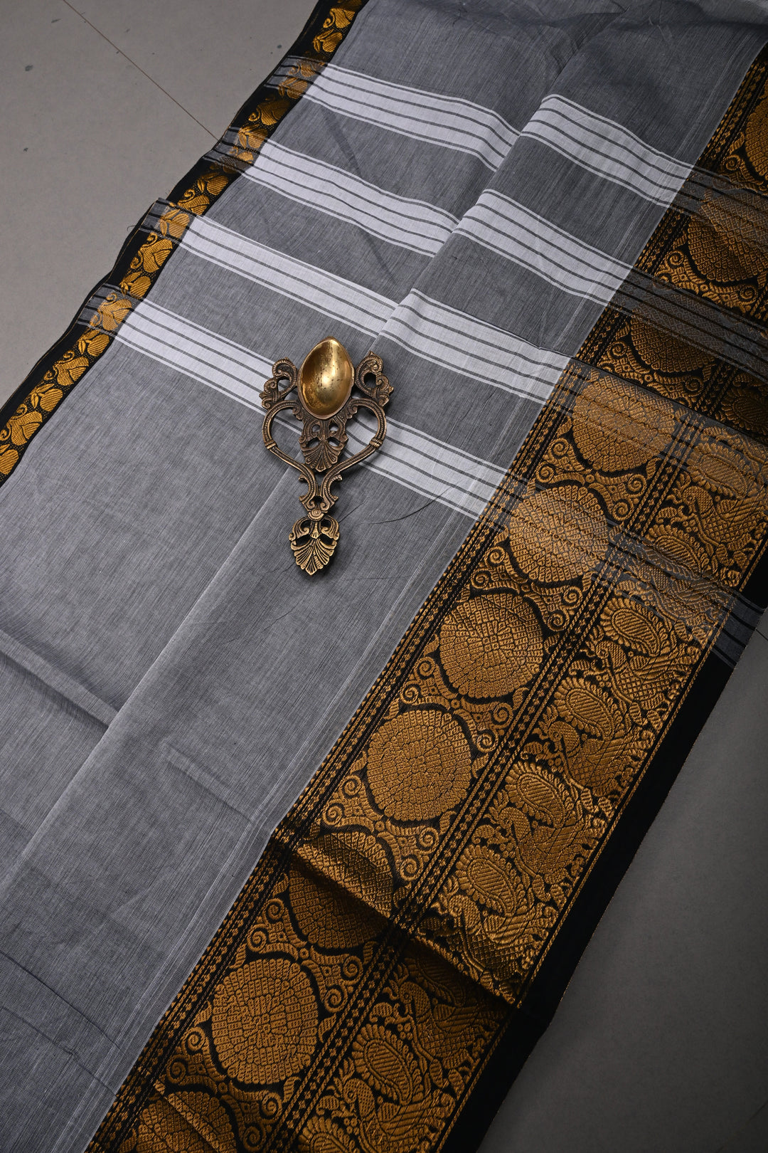 Gray Kanchi Cotton Saree with Contrast Zari Borders | SHOBITAM