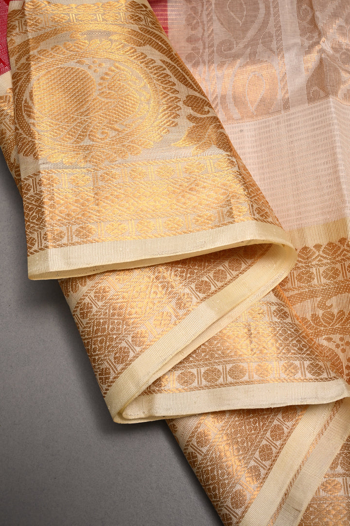 Red Vairaoosi Zari Stripes Kanchi Silk Cotton Handloom Saree with Zari Butta  and Zari Border | SHOBITAM