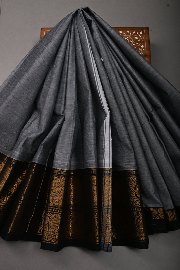 Gray Kanchi Cotton Saree with Contrast Zari Borders | SHOBITAM