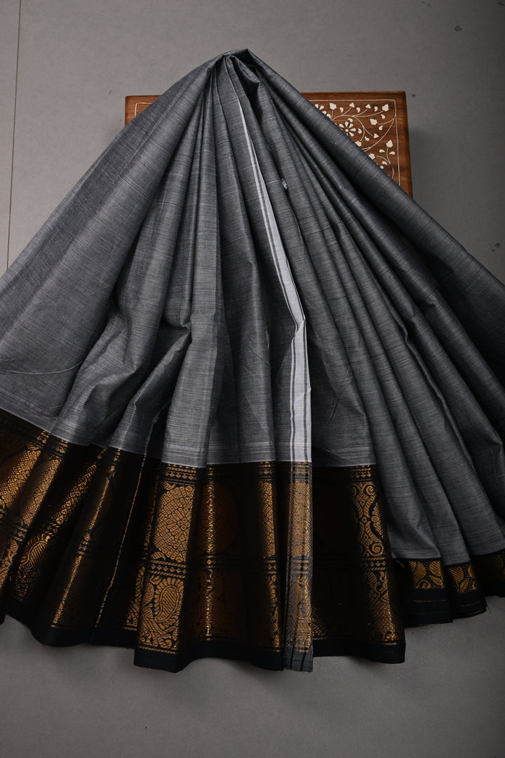 Gray Kanchi Cotton Saree with Contrast Zari Borders | SHOBITAM