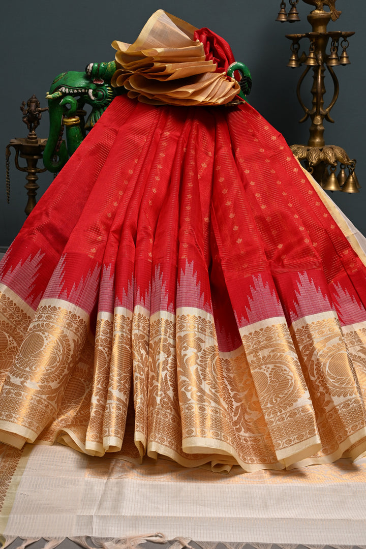 Red Vairaoosi Zari Stripes Kanchi Silk Cotton Handloom Saree with Zari Butta  and Zari Border | SHOBITAM