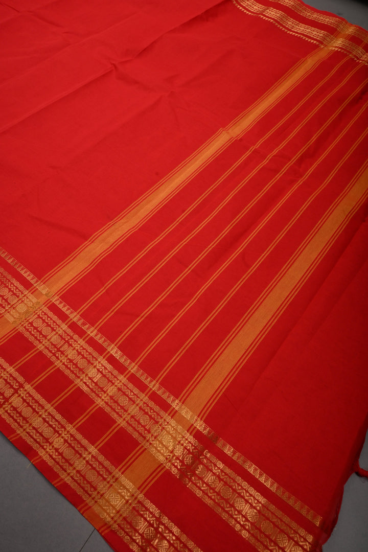 Dark Red Kanchi Cotton Saree with Thread Buttas and Zari Borders | SHOBITAM