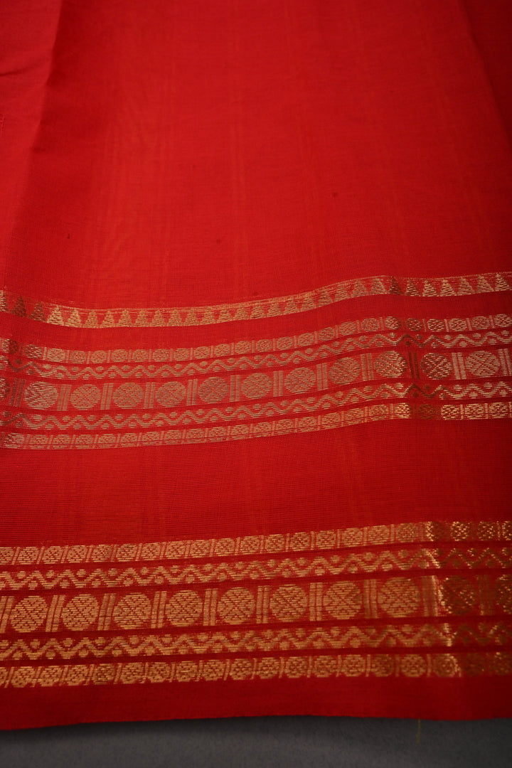 Dark Red Kanchi Cotton Saree with Thread Buttas and Zari Borders | SHOBITAM