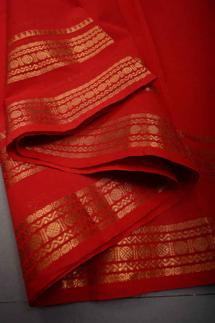 Dark Red Kanchi Cotton Saree with Thread Buttas and Zari Borders | SHOBITAM