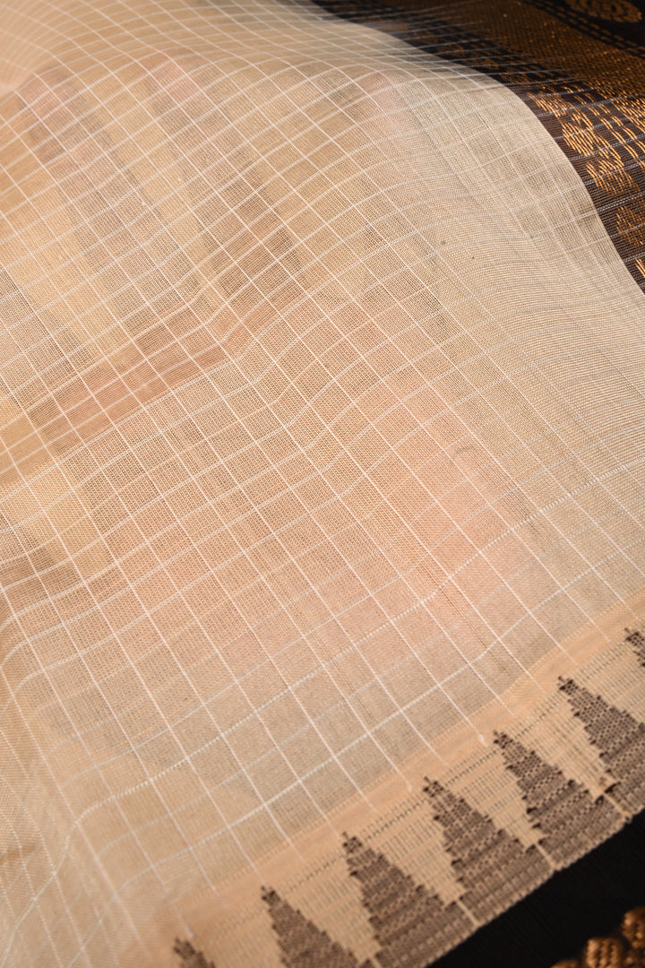 Cream Korvai Kanchi Silk Cotton Handloom Saree with Checks Pattern and  Contrast Zari Border