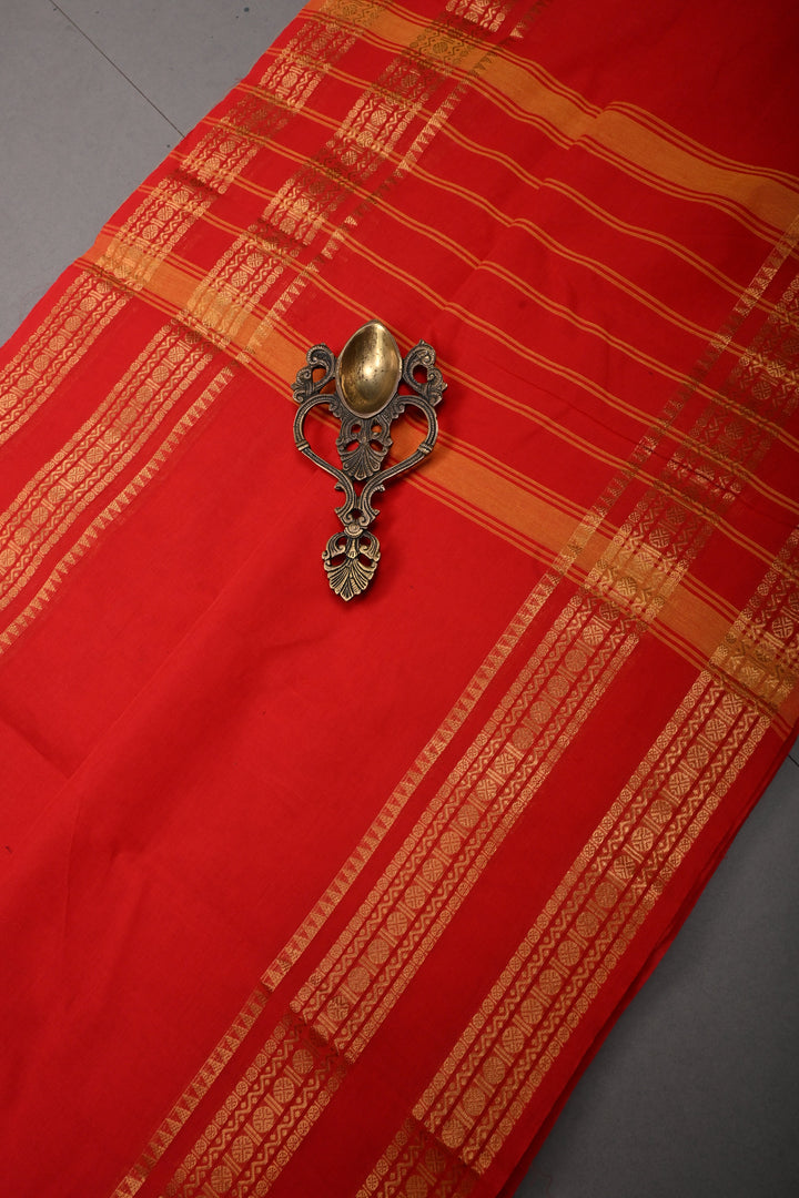 Dark Red Kanchi Cotton Saree with Thread Buttas and Zari Borders | SHOBITAM
