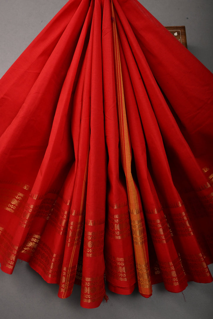 Dark Red Kanchi Cotton Saree with Thread Buttas and Zari Borders | SHOBITAM