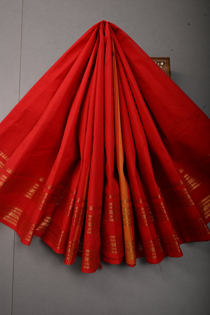 Dark Red Kanchi Cotton Saree with Thread Buttas and Zari Borders | SHOBITAM