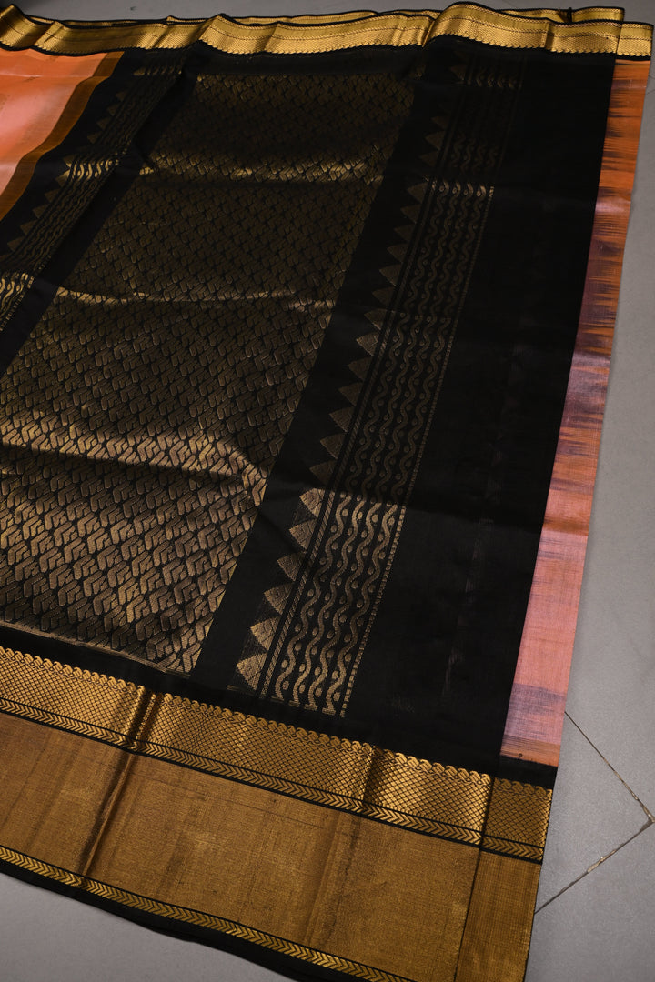 Peach Dual tone Koravi Kanchi Silk Cotton Saree with Zari Buttas and Contrast Zari Border | SHOBITAM