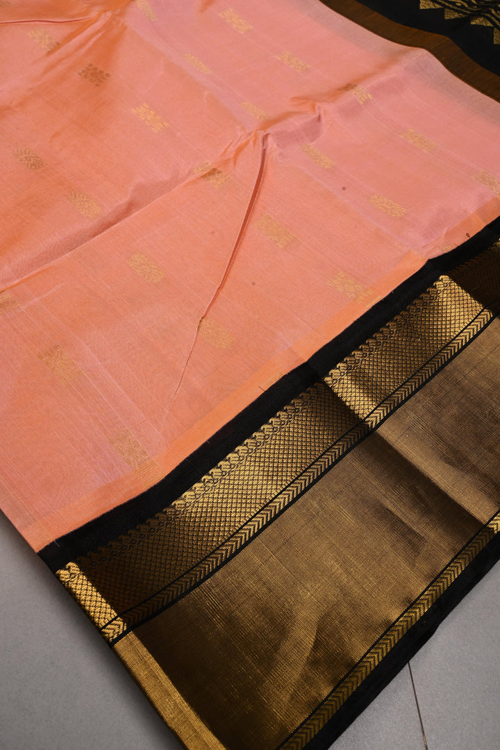 Peach Dual tone Koravi Kanchi Silk Cotton Saree with Zari Buttas and Contrast Zari Border | SHOBITAM