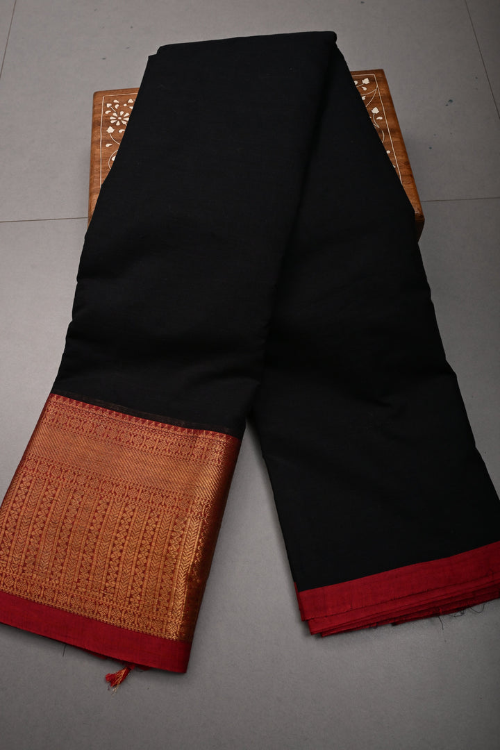 Black Kanchi Cotton Saree with Contrast Zari Borders | SHOBITAM