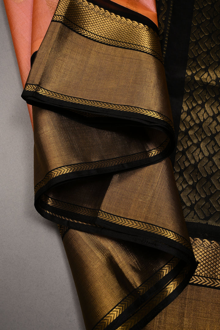 Peach Dual tone Koravi Kanchi Silk Cotton Saree with Zari Buttas and Contrast Zari Border | SHOBITAM