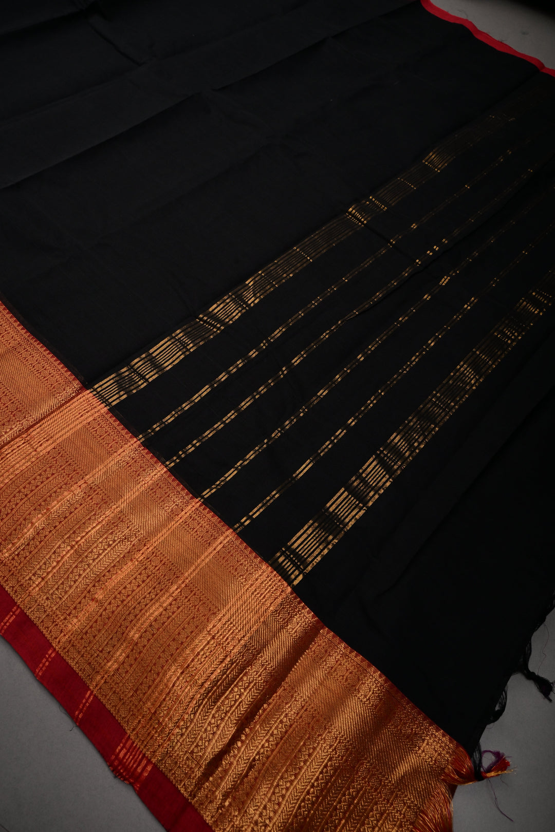 Black Kanchi Cotton Saree with Contrast Zari Borders | SHOBITAM