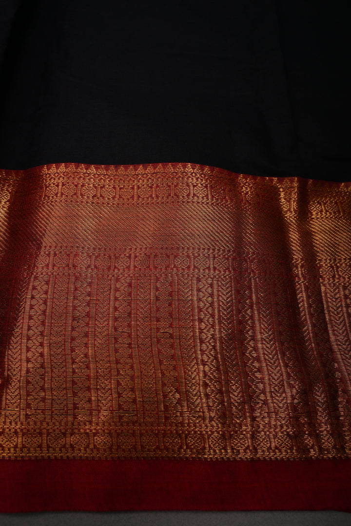Black Kanchi Cotton Saree with Contrast Zari Borders | SHOBITAM