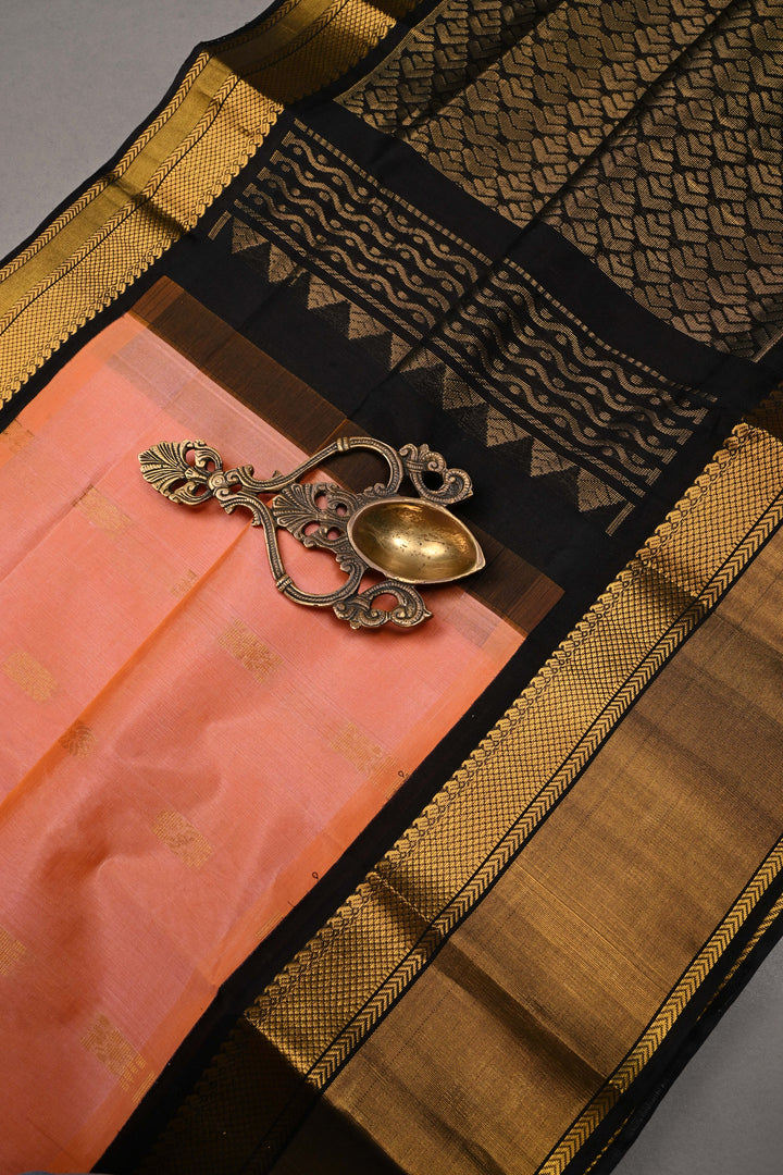 Peach Dual tone Koravi Kanchi Silk Cotton Saree with Zari Buttas and Contrast Zari Border | SHOBITAM