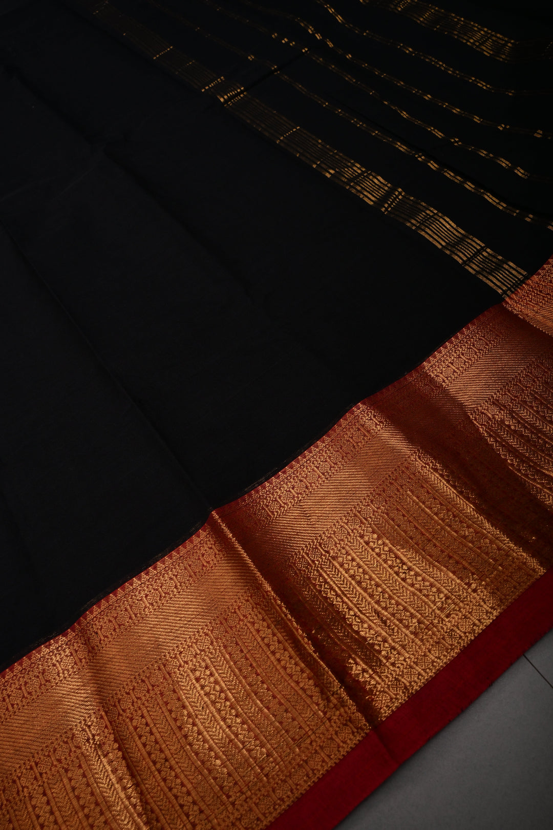 Black Kanchi Cotton Saree with Contrast Zari Borders | SHOBITAM
