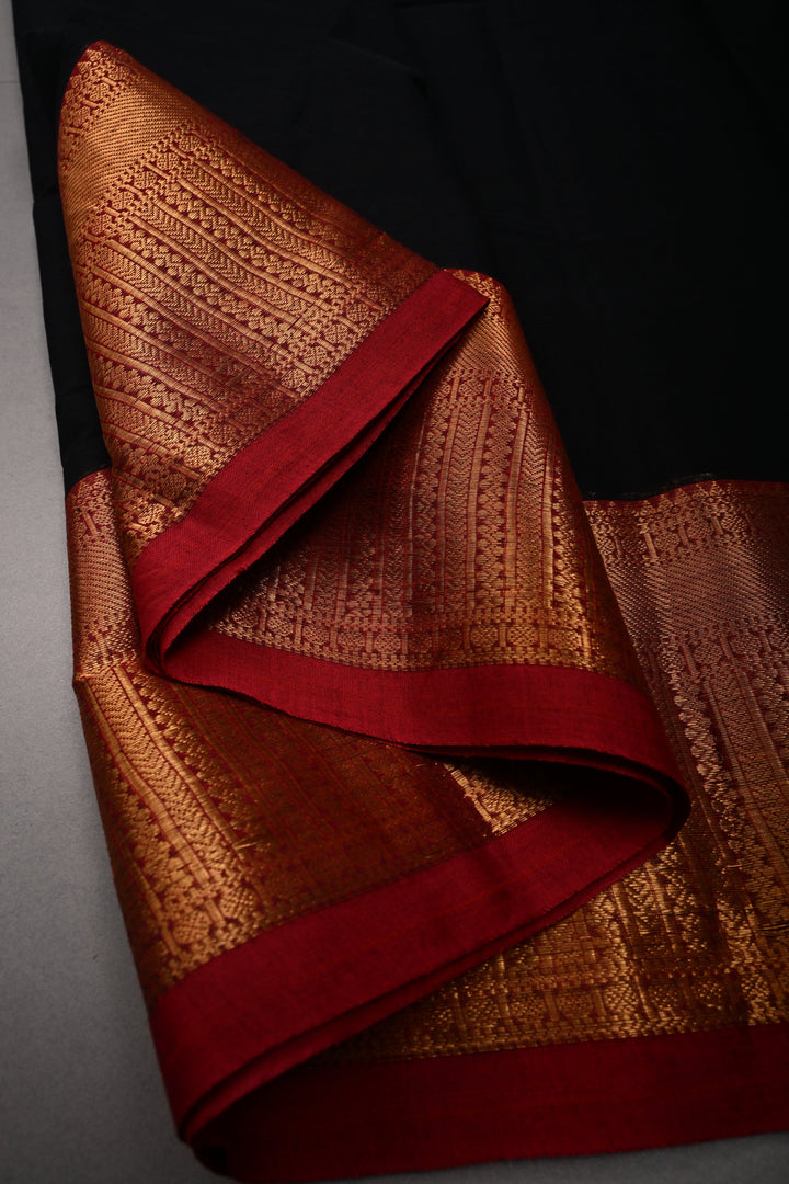 Black Kanchi Cotton Saree with Contrast Zari Borders | SHOBITAM