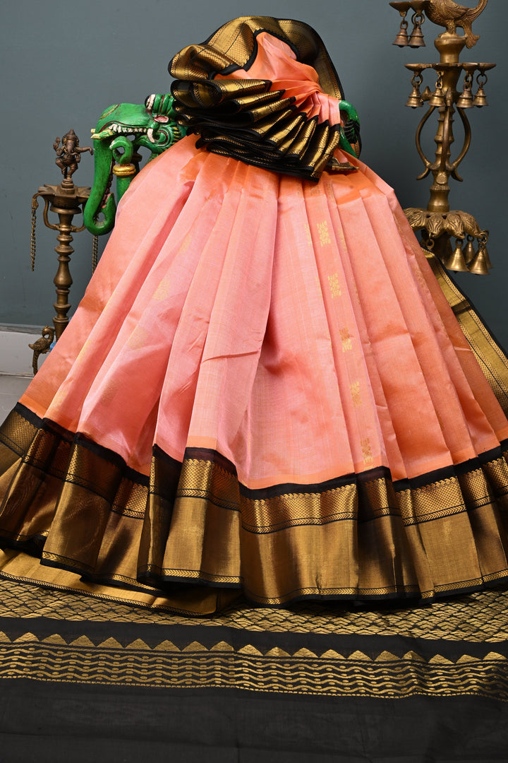 Peach Dual tone Koravi Kanchi Silk Cotton Saree with Zari Buttas and Contrast Zari Border | SHOBITAM