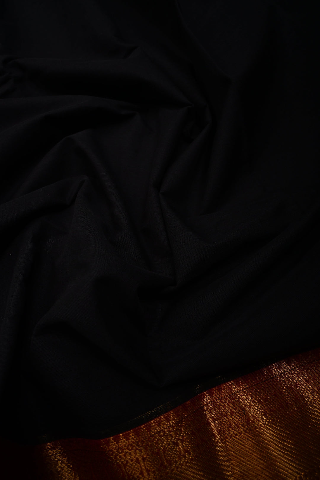 Black Kanchi Cotton Saree with Contrast Zari Borders | SHOBITAM