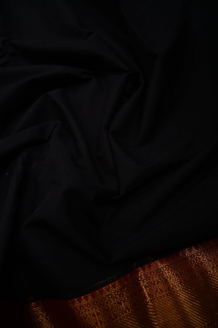 Black Kanchi Cotton Saree with Contrast Zari Borders | SHOBITAM