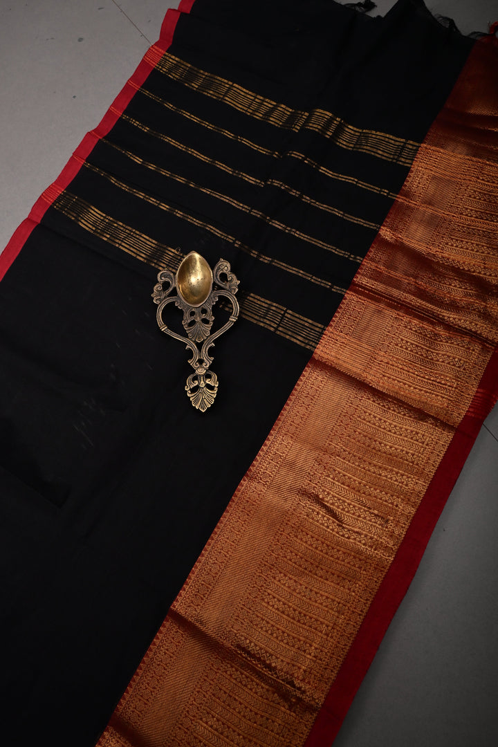 Black Kanchi Cotton Saree with Contrast Zari Borders | SHOBITAM