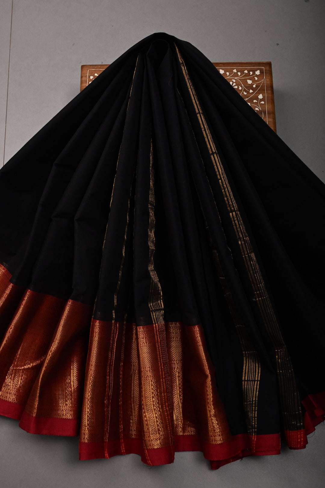 Black Kanchi Cotton Saree with Contrast Zari Borders | SHOBITAM