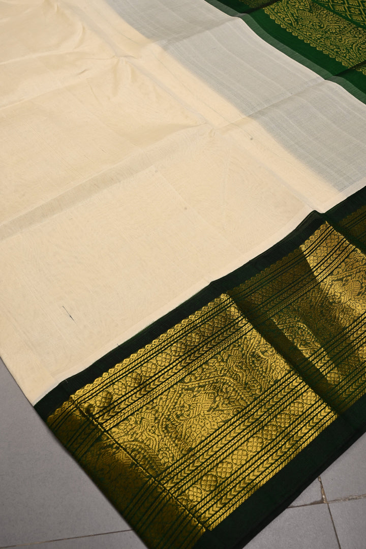 Off White Kanchi Silk Cotton Handloom Saree with  Contrast Zari Border | SHOBITAM