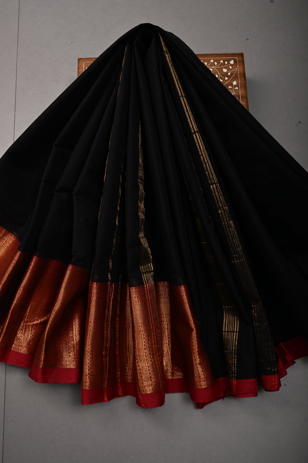 Black Kanchi Cotton Saree with Contrast Zari Borders | SHOBITAM