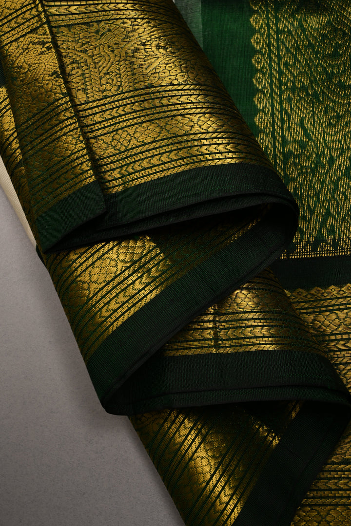Off White Kanchi Silk Cotton Handloom Saree with  Contrast Zari Border | SHOBITAM