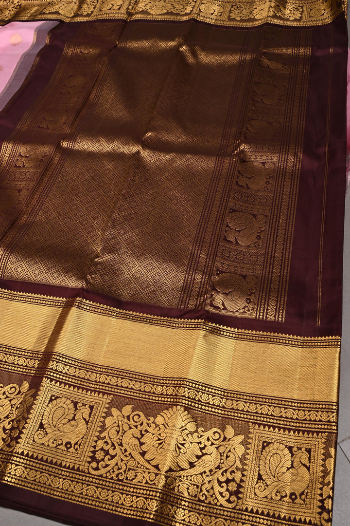 Korvai Frost Pink Pure Gadwal Silk Saree with Zari Buttas and Contrast Wide Zari Border | SILK MARK CERTIFIED | SHOBITAM
