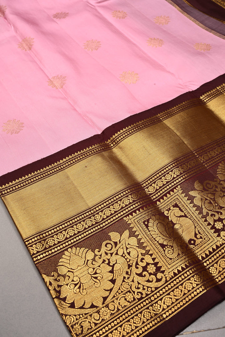 Korvai Frost Pink Pure Gadwal Silk Saree with Zari Buttas and Contrast Wide Zari Border | SILK MARK CERTIFIED | SHOBITAM