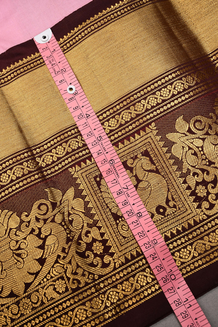Korvai Frost Pink Pure Gadwal Silk Saree with Zari Buttas and Contrast Wide Zari Border | SILK MARK CERTIFIED | SHOBITAM