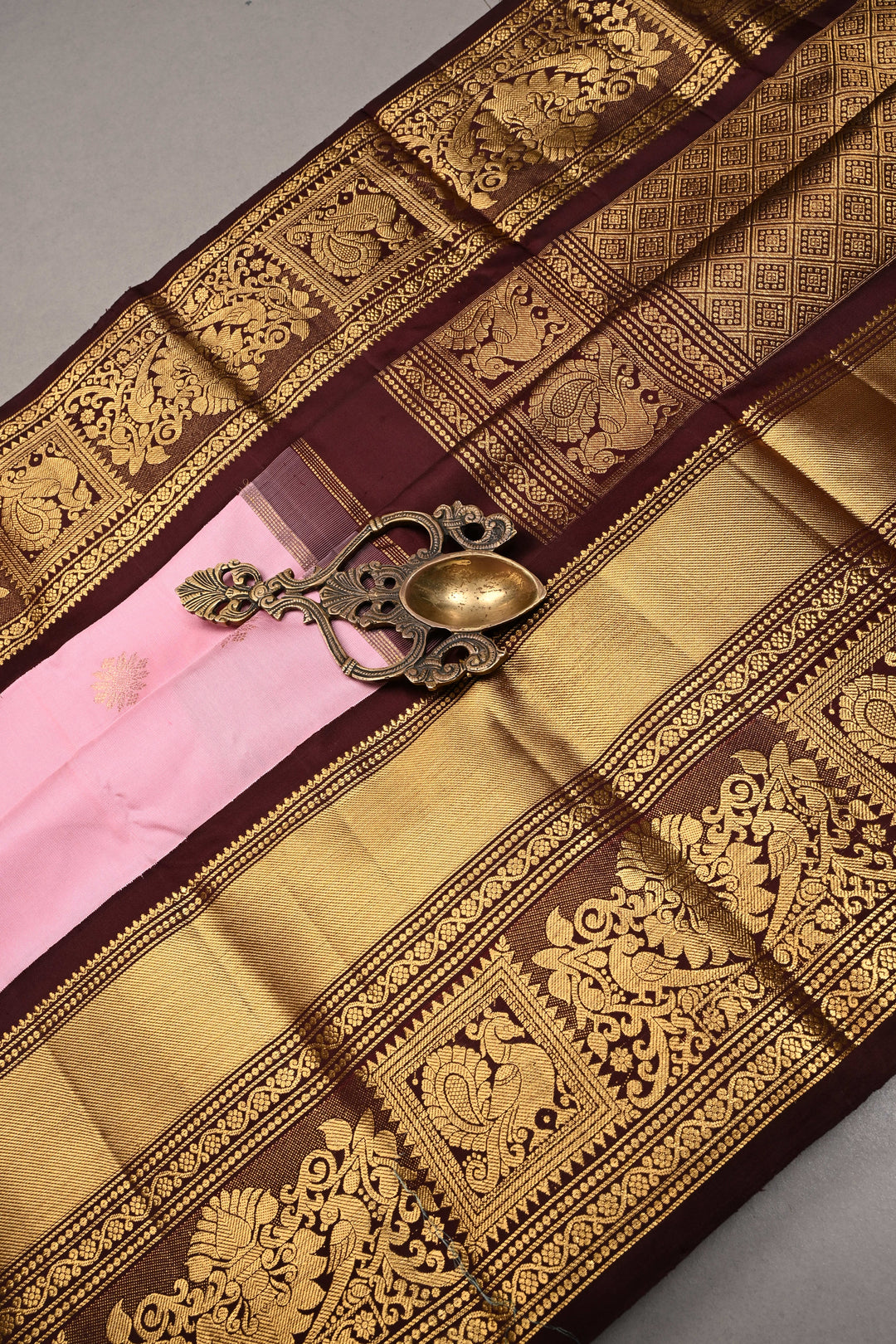 Korvai Frost Pink Pure Gadwal Silk Saree with Zari Buttas and Contrast Wide Zari Border | SILK MARK CERTIFIED | SHOBITAM