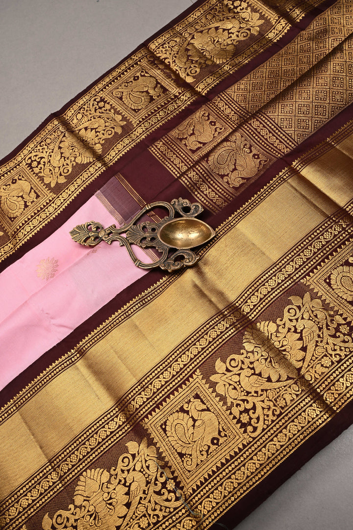Korvai Frost Pink Pure Gadwal Silk Saree with Zari Buttas and Contrast Wide Zari Border | SILK MARK CERTIFIED | SHOBITAM