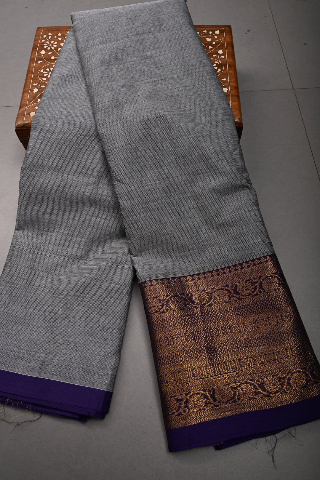 Smokey Gray Kanchi Cotton Saree with Contrast Zari Borders | SHOBITAM
