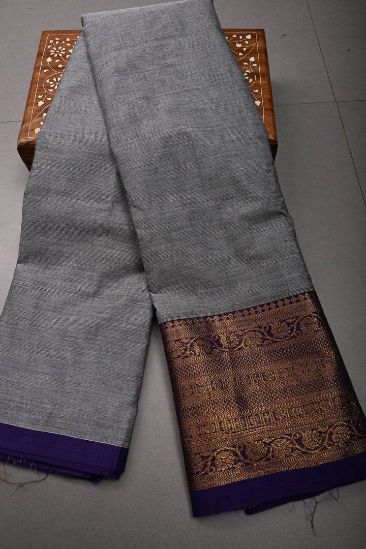 Smokey Gray Kanchi Cotton Saree with Contrast Zari Borders | SHOBITAM