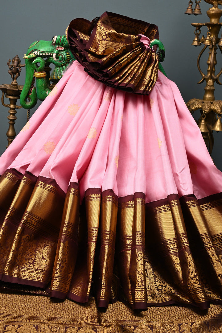 Korvai Frost Pink Pure Gadwal Silk Saree with Zari Buttas and Contrast Wide Zari Border | SILK MARK CERTIFIED | SHOBITAM