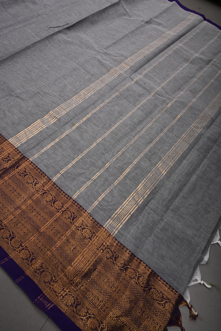 Smokey Gray Kanchi Cotton Saree with Contrast Zari Borders | SHOBITAM