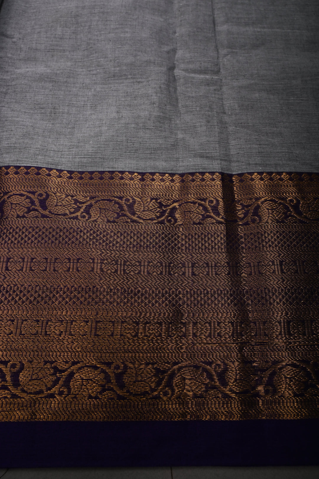 Smokey Gray Kanchi Cotton Saree with Contrast Zari Borders | SHOBITAM