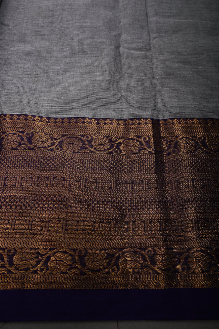 Smokey Gray Kanchi Cotton Saree with Contrast Zari Borders | SHOBITAM