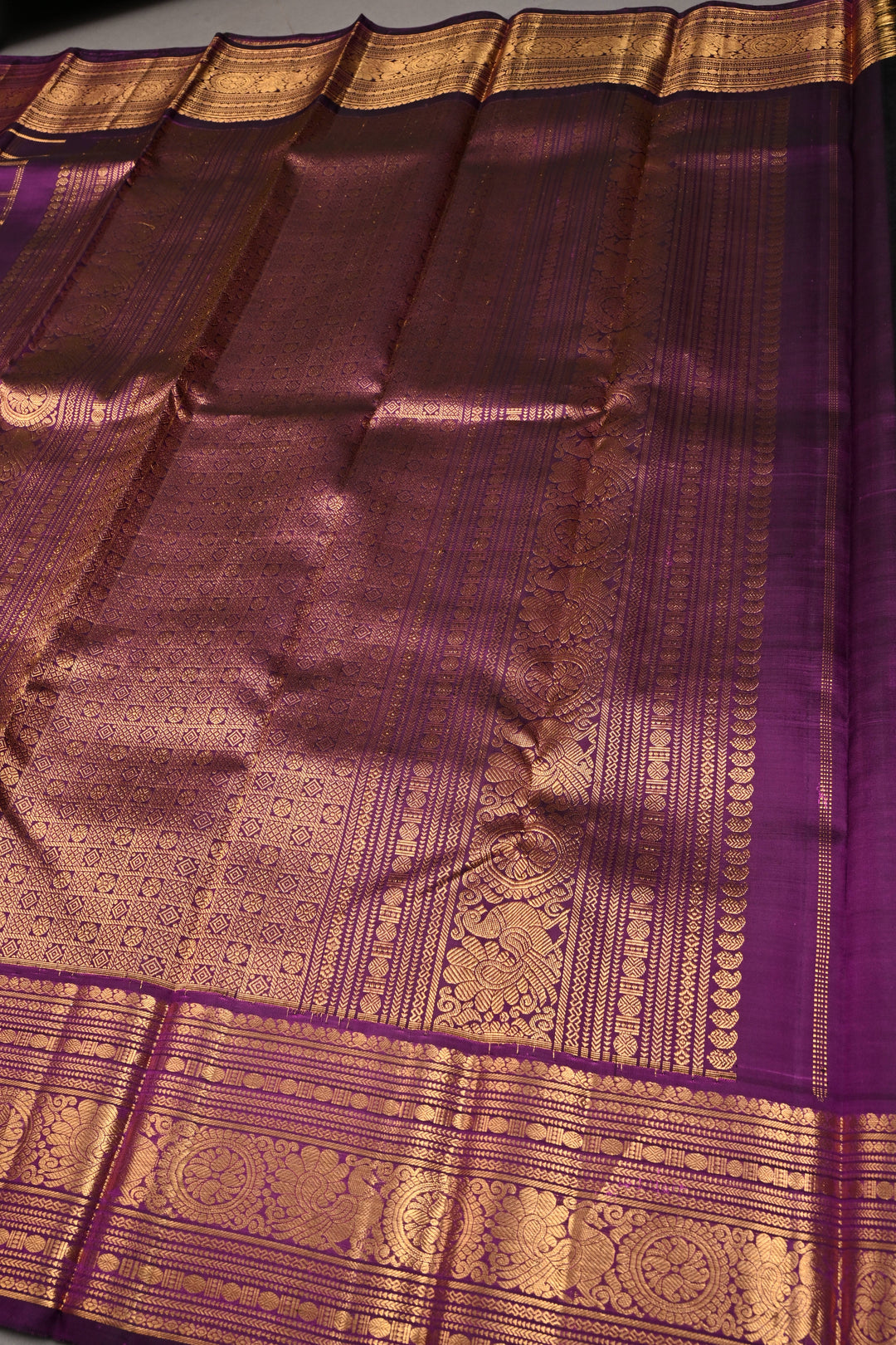 Purple Zari Checks on Gadwal Silk Saree with Zari Border | SILK MARK CERTIFIED | SHOBITAM