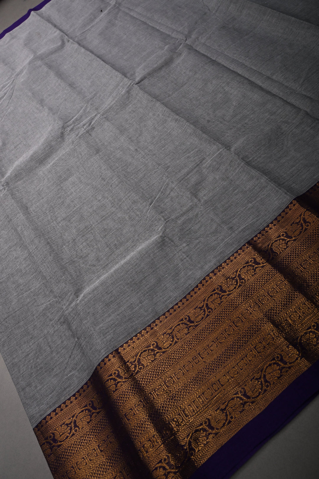 Smokey Gray Kanchi Cotton Saree with Contrast Zari Borders | SHOBITAM