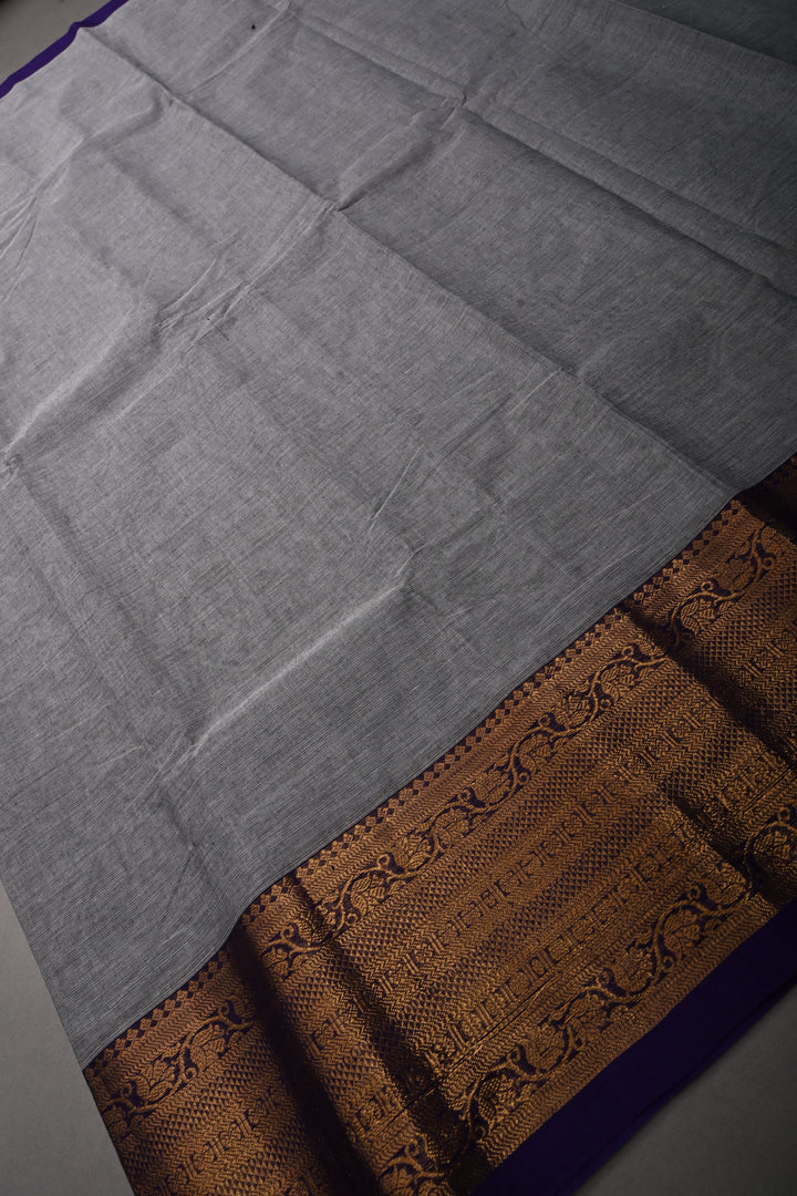 Smokey Gray Kanchi Cotton Saree with Contrast Zari Borders | SHOBITAM