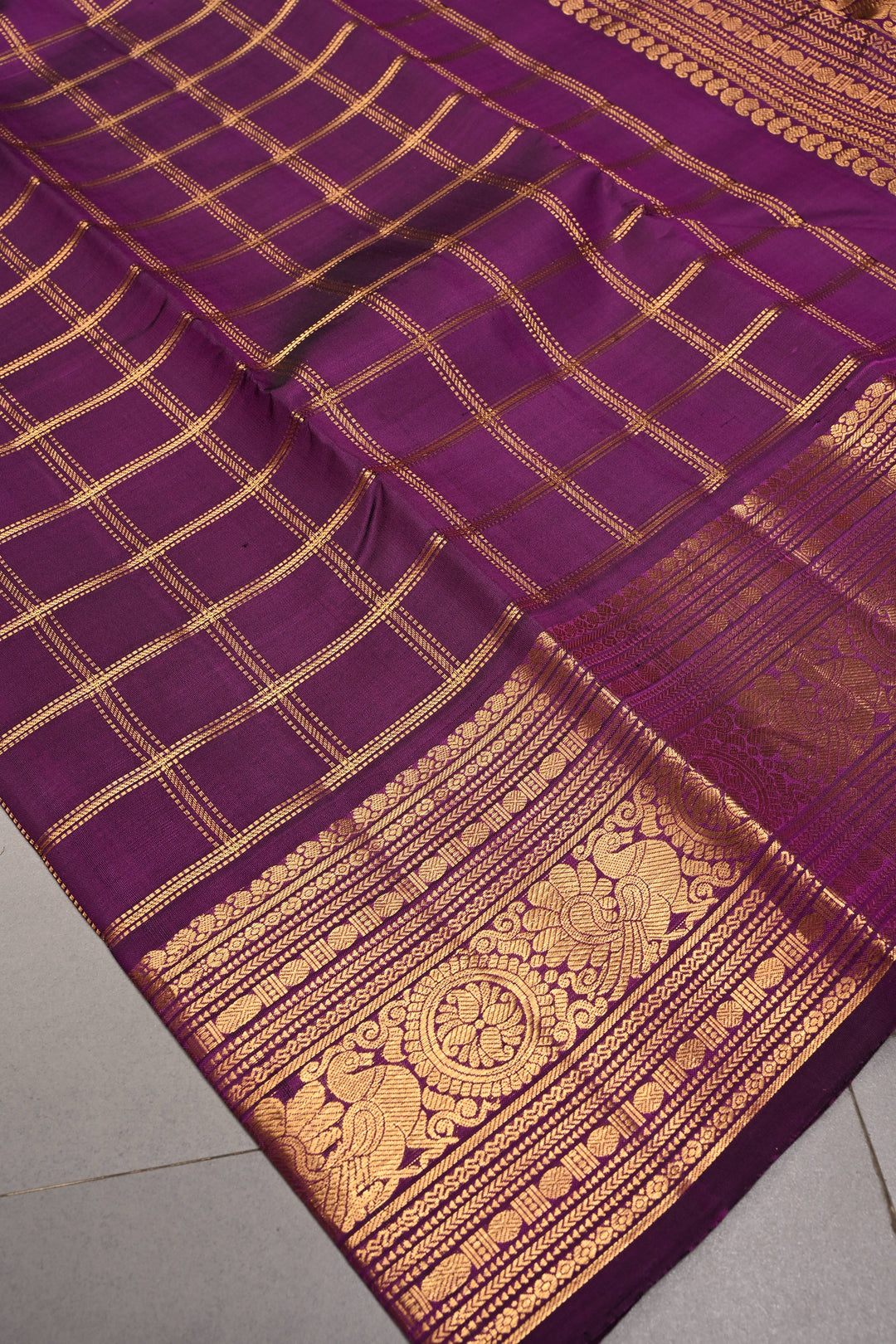 Purple Zari Checks on Gadwal Silk Saree with Zari Border | SILK MARK CERTIFIED | SHOBITAM