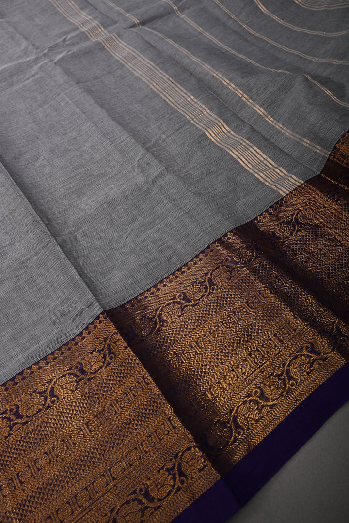 Smokey Gray Kanchi Cotton Saree with Contrast Zari Borders | SHOBITAM